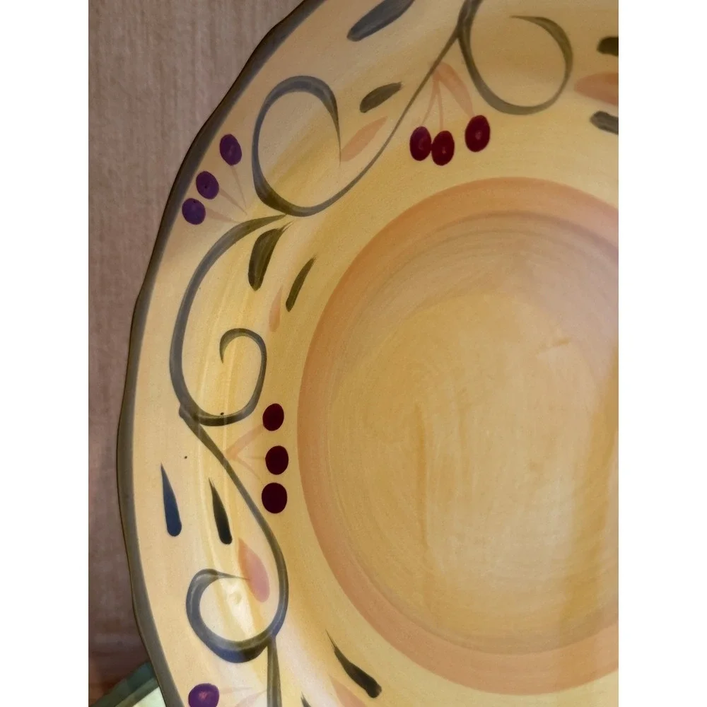 Home Trends Baja Salad Plates Set of 2 Yellow Berry Vine Hand Painted Stoneware